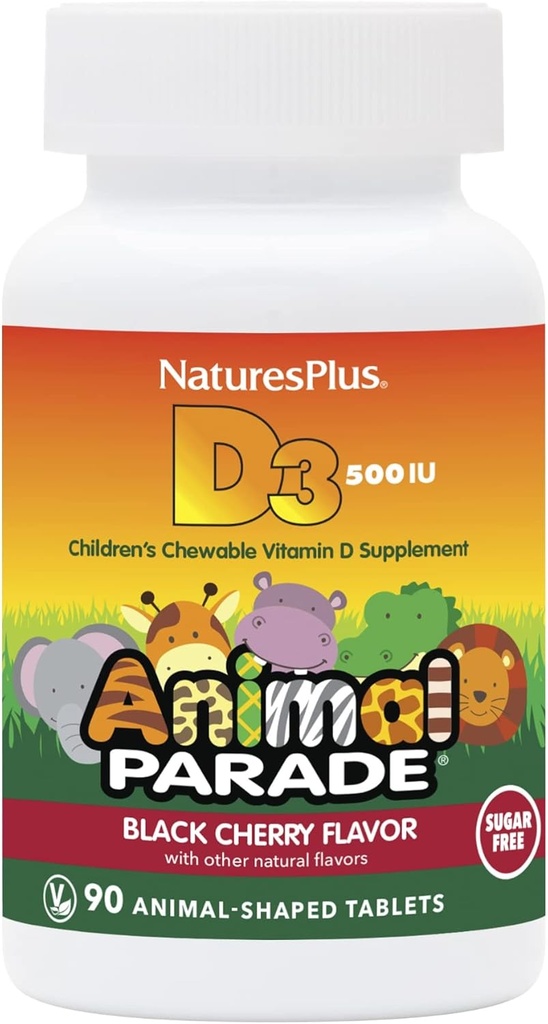 Natures Plus Animal Parade Sugar-Free Children's Vitamin D3-500 IU - Black Cherry Flavor - 90 Kauwbare dierlijke Shaped Tablets - Bone Health & Immuun System Support - 90 Servings