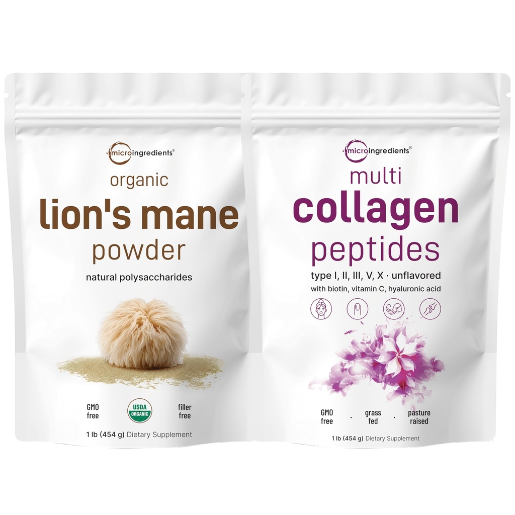 Micro Ingredients Multi Collagen Protein Powder & Lions Mane Mushroom Supplement Powder Bundle 2 Pack | Grass-Fed Collagen Peptides | Natural Superfood for Brain, Energy, & Immune Health