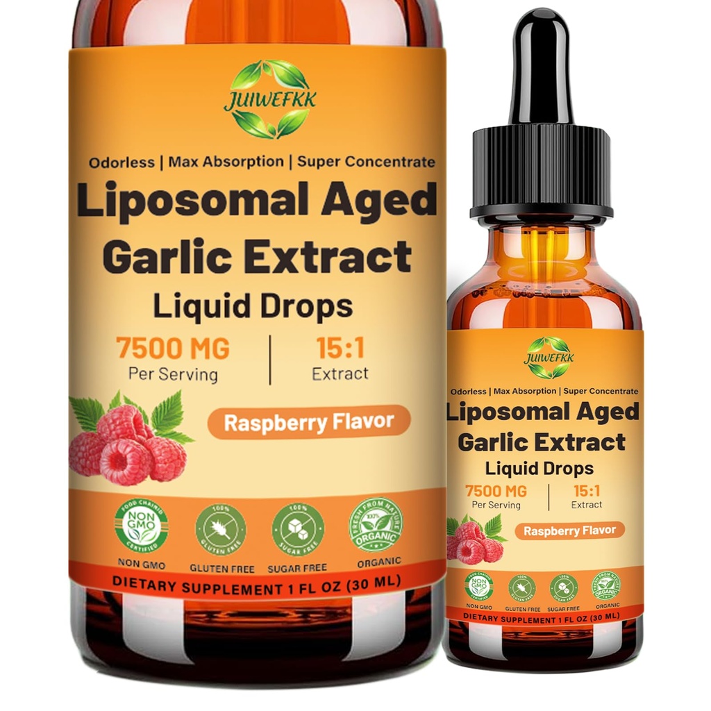 Aged Garlic Extract Liquid Drop – 500 mg per Serving, 15:1 Extract, Odorless, Liposomal Technology for Fast Absorption – Heart & Immune Support Supplement for Men & Women, Raspberry Flavor