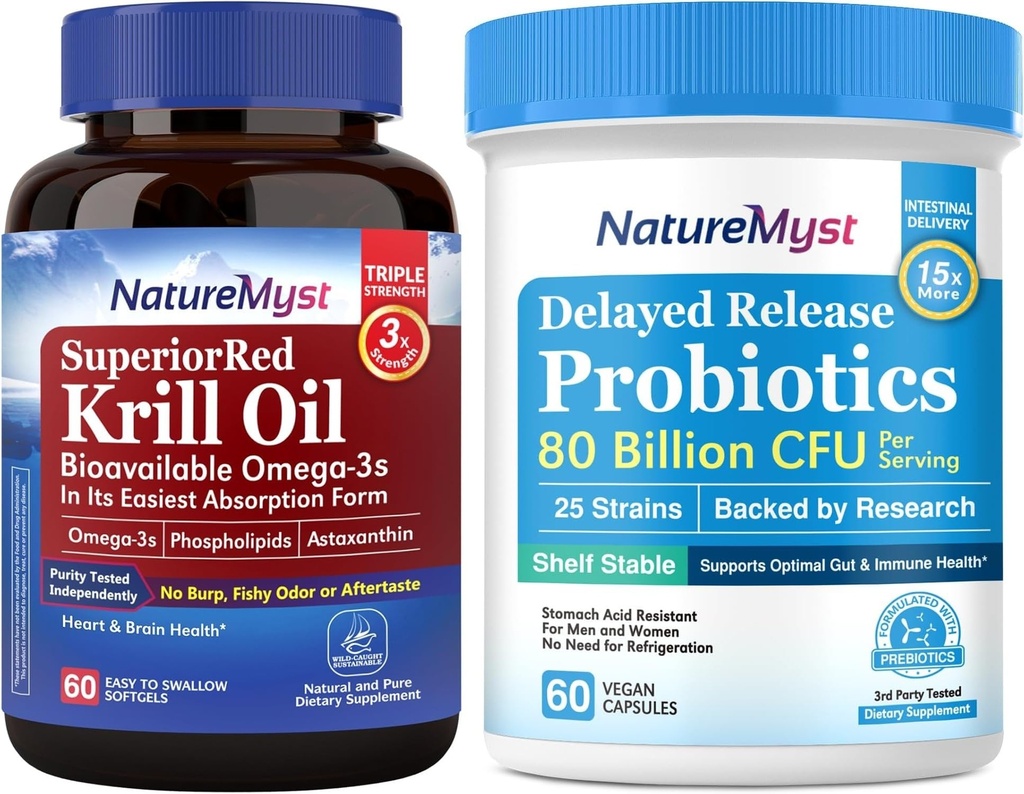 Krill Oil 1000mg and Probiotics Bundle, Omega 3s with DHA EPA & Astaxanthine, Plus 80 Miljard CFU 25 Strains, Gut, Heart & Immune Function, Non-GMO, Made in USA, 60 Softgels + 60 Capsules