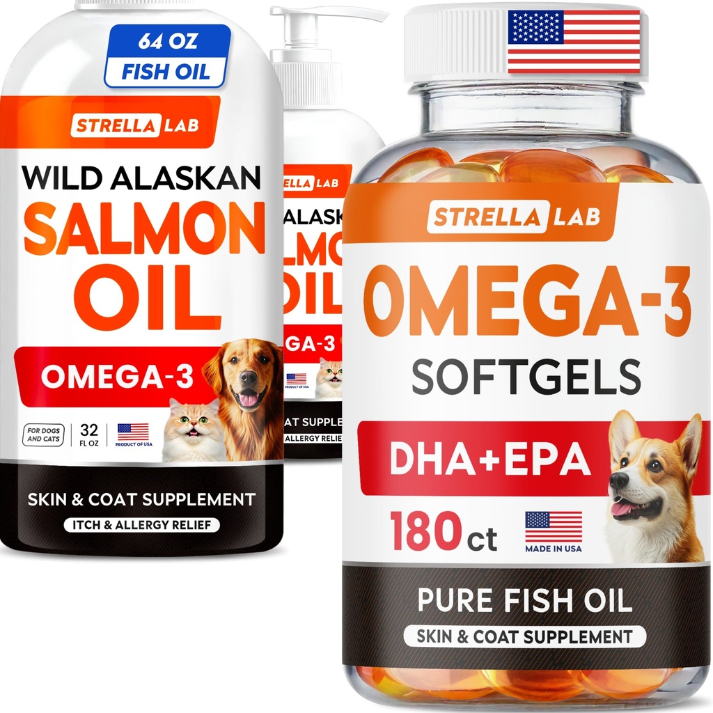STRELLALAB Salmon Oil Liquid 64 Oz (2-Pack) + Fish Oil Softgels 180 Ct Bundle – Omega 3 for Skin, Coat, Shedding & Itch Relief + Joint, Brain & Heart Support – EPA & DHA – Made in USA