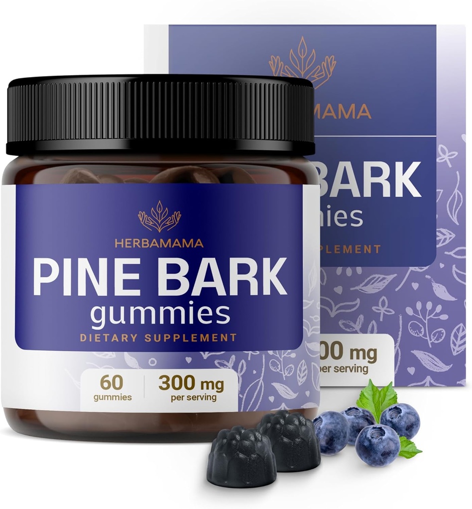HERBAMAMA Pine Bark Extract Gummies - 300mg French Maritime Pine Bark Tree for Antioxidant Support - Vegan, Non-GMO Pinus Pinaster Supplement - 60 Pectin-Based Blueberry-Flavored Chews