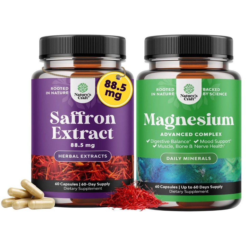 Bundle of Pure Extract of Saffron Supplements - Crocus Sativus Flower of Saffron Extract for Good Mood Metabolism and High Absorption Magnesium Complex - Magnesium Oxide with Citrate for Sleep Support