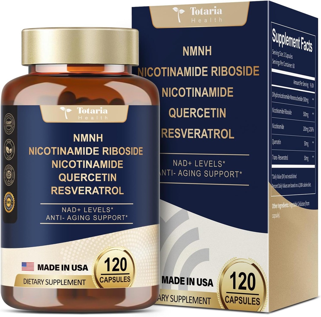Totaria NMNH (Dihydronicotinamide Mononucleotide), NMNH Supplement w/Niacinamide (Vitamin B3), Quercetin, Trans-Resveratrol, Support NAD+, Skin Cell Health*, Anti-Aging & Energy, 120 Caps