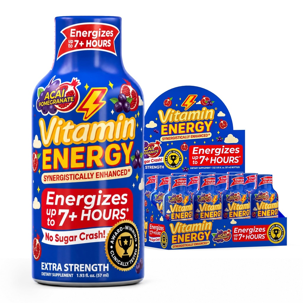 Vitamine Energie B12 11.000% Extra sterkte Energie Shot Açaí Granaatappel 12 Pack, 260mg Natural Cafeïne, B12 & B6, Nootrope Focus, Vitality, Zero Sugar, Gluten-Free, Vegan, Kosher, 1,93 fl oz