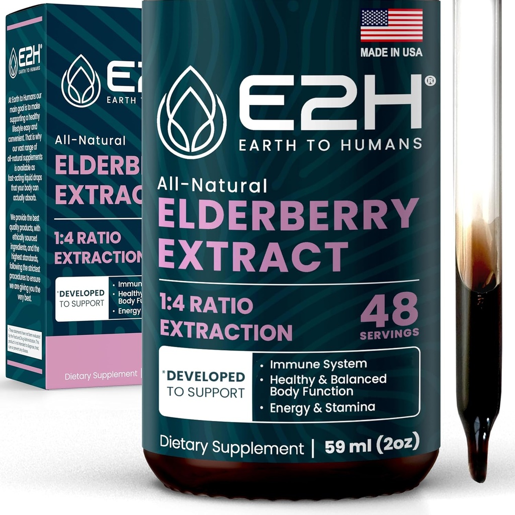 E2H Vlierbes Siroop - Powerfull Antioxidants Supplement van biologische Vlierbessen Extract - Sambucus Vlierbessen Siroop voor kinderen & volwassenen voor Immune Support - Non-GMO, Vegan - 2 Fl Oz