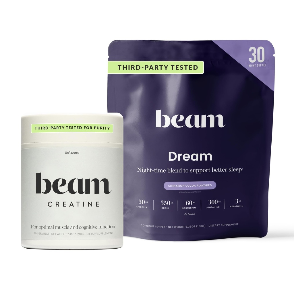 Beam Dream Sleep Powder & Creatine Bundle, Third Party Tested Natural Sleep Aid & Recovery Supplement with Micronized Creatine Monohydrate, Unflavored Pure Creatine Powder for Muscle Strength, Energy