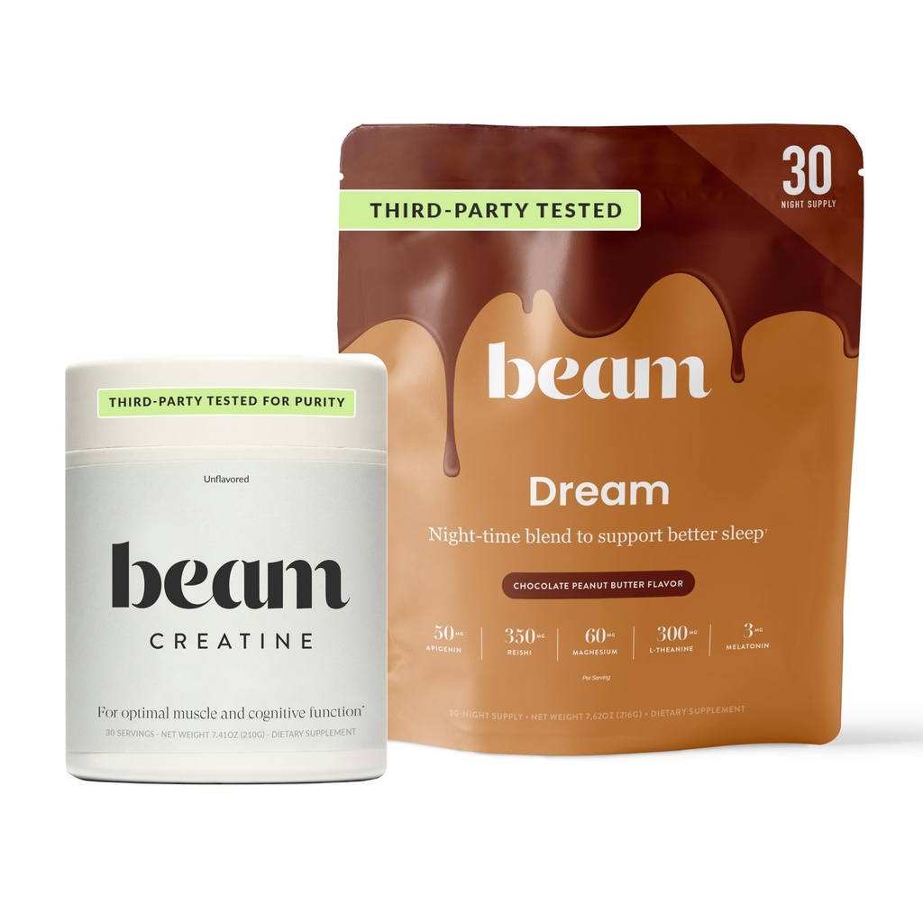 Beam Dream Sleep Powder & Creatine Bundle, Third Party Tested Natural Sleep Aid & Recovery Supplement with Micronized Creatine Monohydrate, Unflavored Pure Creatine Powder for Muscle Strength, Energy