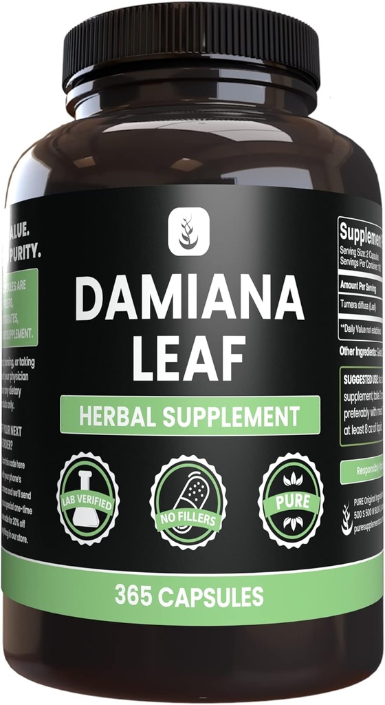 PURE ORIGINEEL INGREDIËNTEN Damiana Leaf (365 capsules) Geen Magnesium of rijstvullers, altijd zuiver