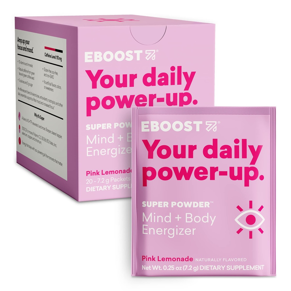 EBOOST energiedrank en elektrolytpoeder, 20 verpakkingen - Super poeder roze limonade zonder toegevoegde suiker - essentiële blend van vitaminen, nootropics en natuurlijke cafeïne en hydratatie - Pre & post workout