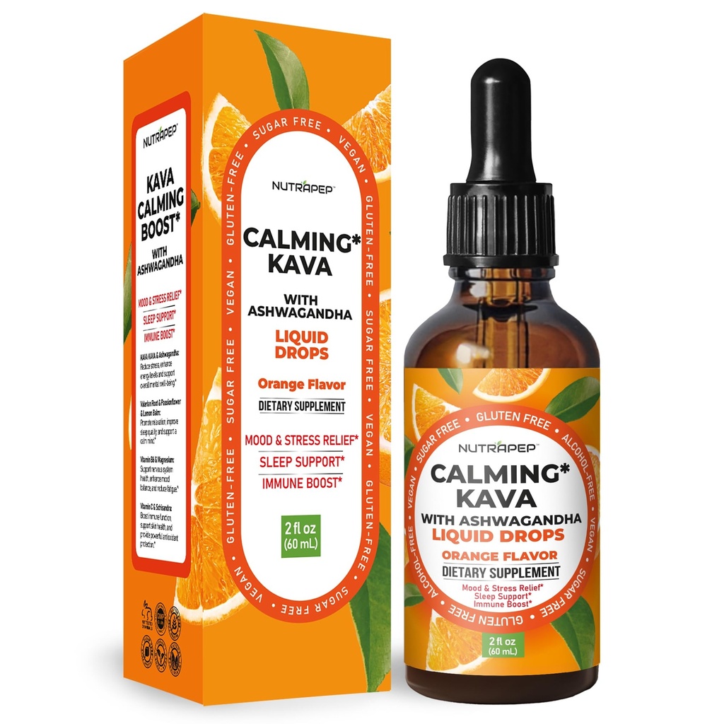 NutraPep Kava Ashwagandha Extract Liquid Drops - Calming Adaptogen Supplement with Valerian Root Passionflower Lemon Balm for Mood Rest Stress Support - Alcohol-Free Vegan Gluten-Free Non-GMO