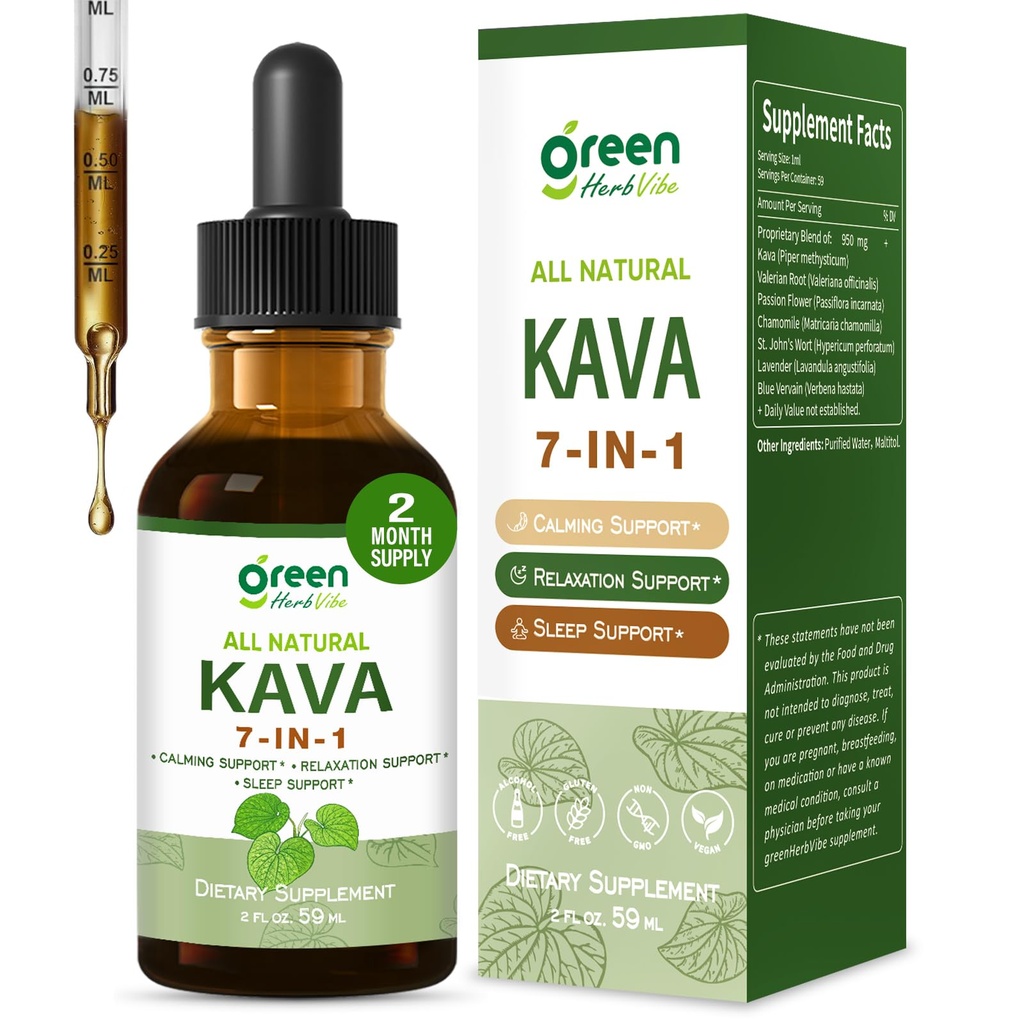 Kava Root Extract Drops for Relaxation & Sleep Support, Kava Kava Natural Supplement for Calming, 7 in 1 Herbal Complex w/Valerian Root Passion Flower and More. 60 Days Supply. 2 oz
