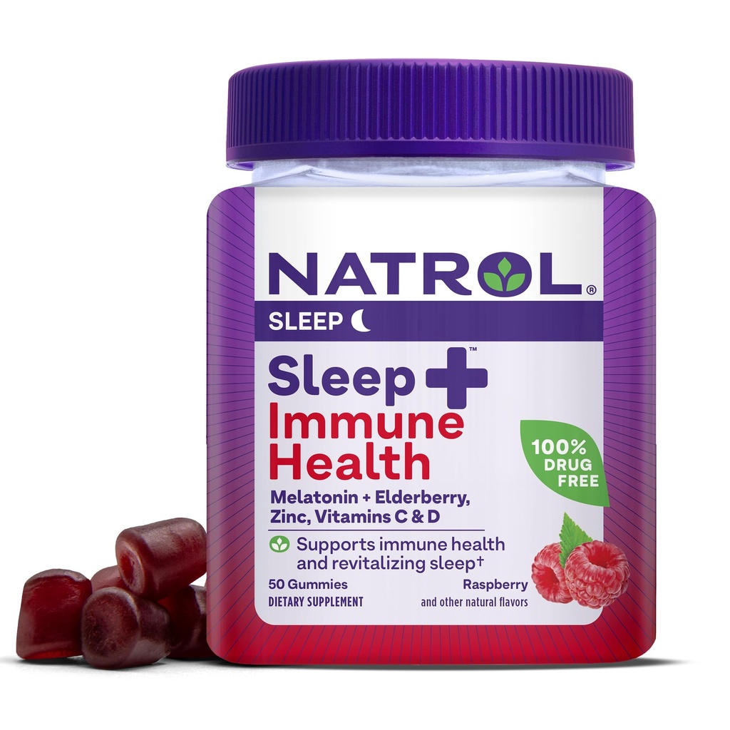 Natrol Sleep+ Immune Health Gummy, Sleep Aid & Immunity Support, Elderberry, Vitamins C, D and Zinc, Drug Free, 50 Berry Flavored Gummies (Packaging May Vary)