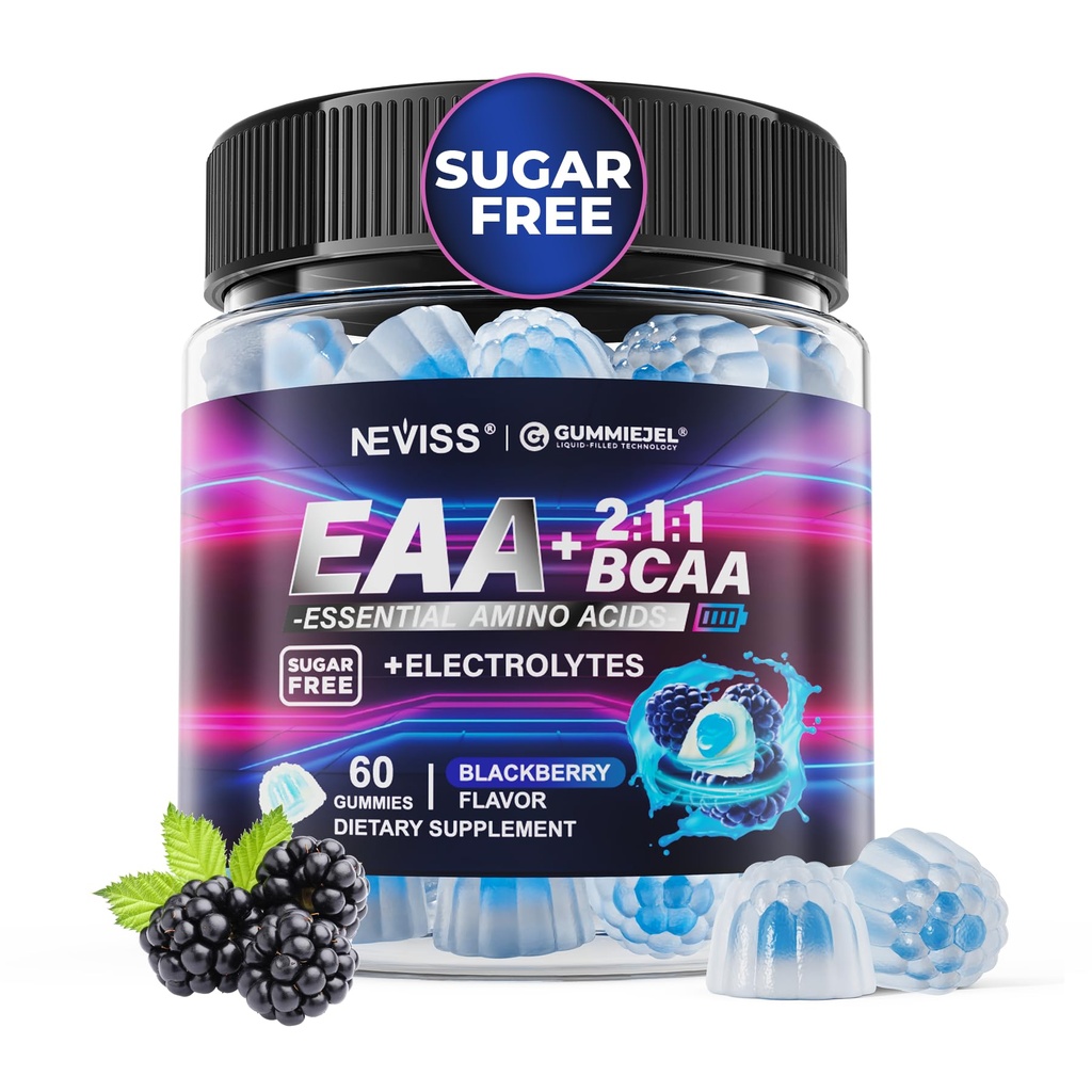 EAA Gummies Supplementen, alle 9 essentiële aminozuren Supplement, BCAA Aminozuren Gummies voor mannen Vrouwen│Branched-Chain Aminos & Electrolyte Hydration Gummies│Gluten Free, Raspberry Flavor, Vegan, 60ct