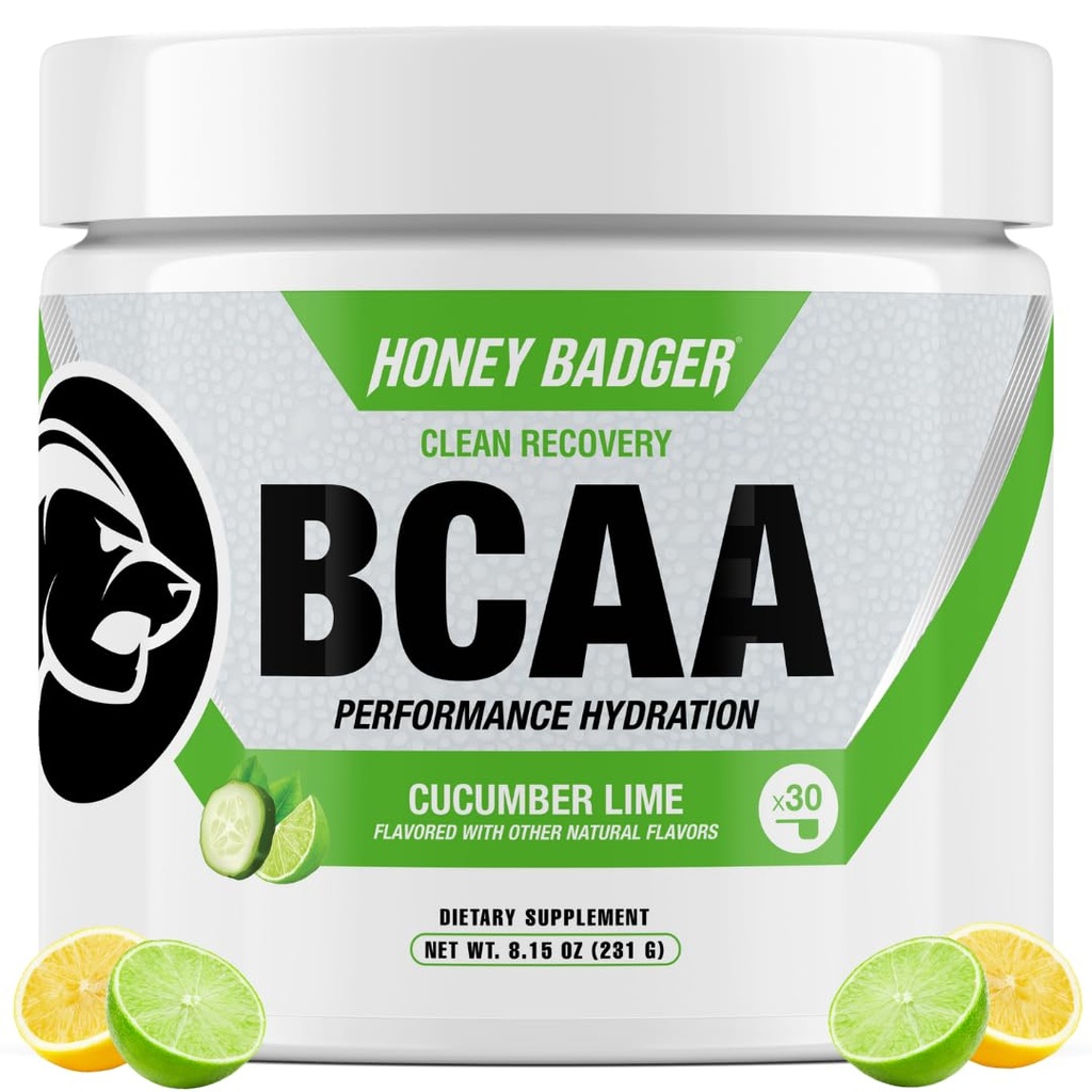 Honingdas BCAA + EAA Aminozuren Poeder, BCAA's + L-Glutamine, Keto, Vegan, Suikervrij voor mannen en vrouwen, Hydratatie & Post Workout Muscle Recovery Drink Mix, Cucumber Lime, 30 porties