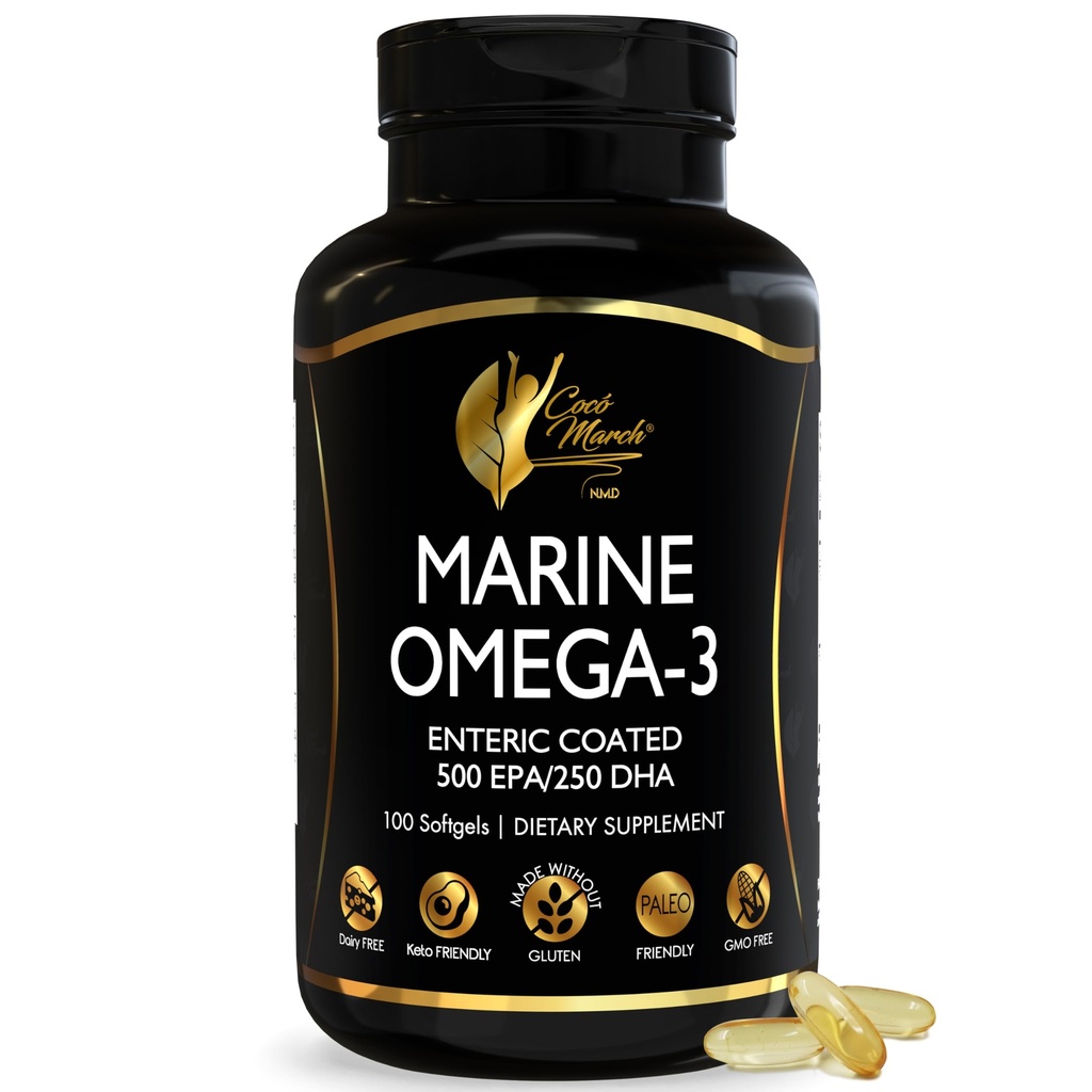 Cocó March N.M.D Marine Omega-3 Fish Oil, High Potency Omega 3 Supplement met 500 mg EPA & 250 mg DHA, Enteric covered, No Fishy Burps & Aftersmaak, Omega-3 Fish Oil for Women & Men, 3-Maand Supply