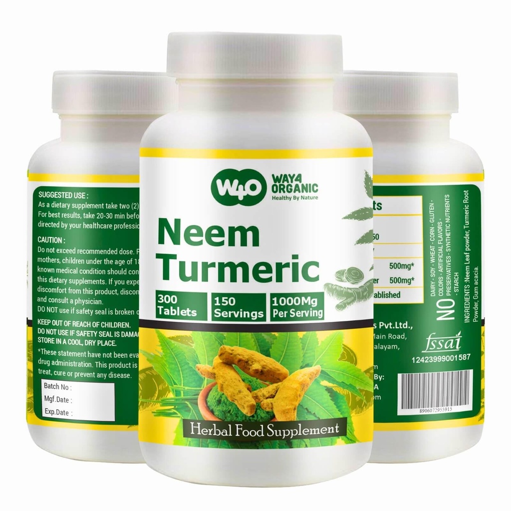 Neem Kurkuma Capsules(Tablets) - High-Potency Azadirachta Indica Tablets, Neem Bladeren en Kurkuma in gelijke verhouding - 300 tabletten, 150 Serving, 1000 Mg. Pack of 1.