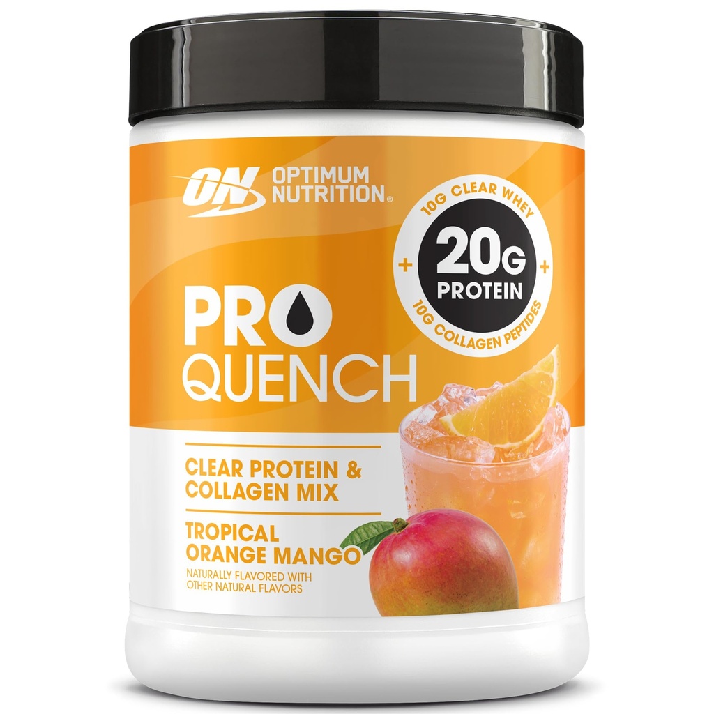 Optimum Nutrition Pro Quench, 10g Clear Protein, 10g Collageen peptides & Electrolyte Powder Drink Mix, Tropical Orange Mango, 20 Servations, 520 Gram (Verpakking mei Vary)