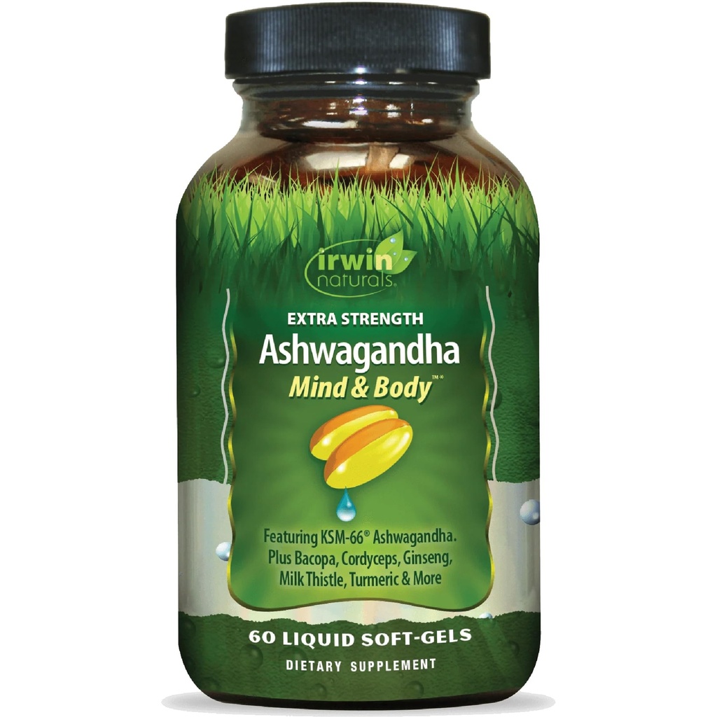 Irwin Naturals Extra Strength Ashwagandha - 60 Liquid Softgels - Helps Boost Physical & Mental Performance - with Turmeric & Milk Thistle