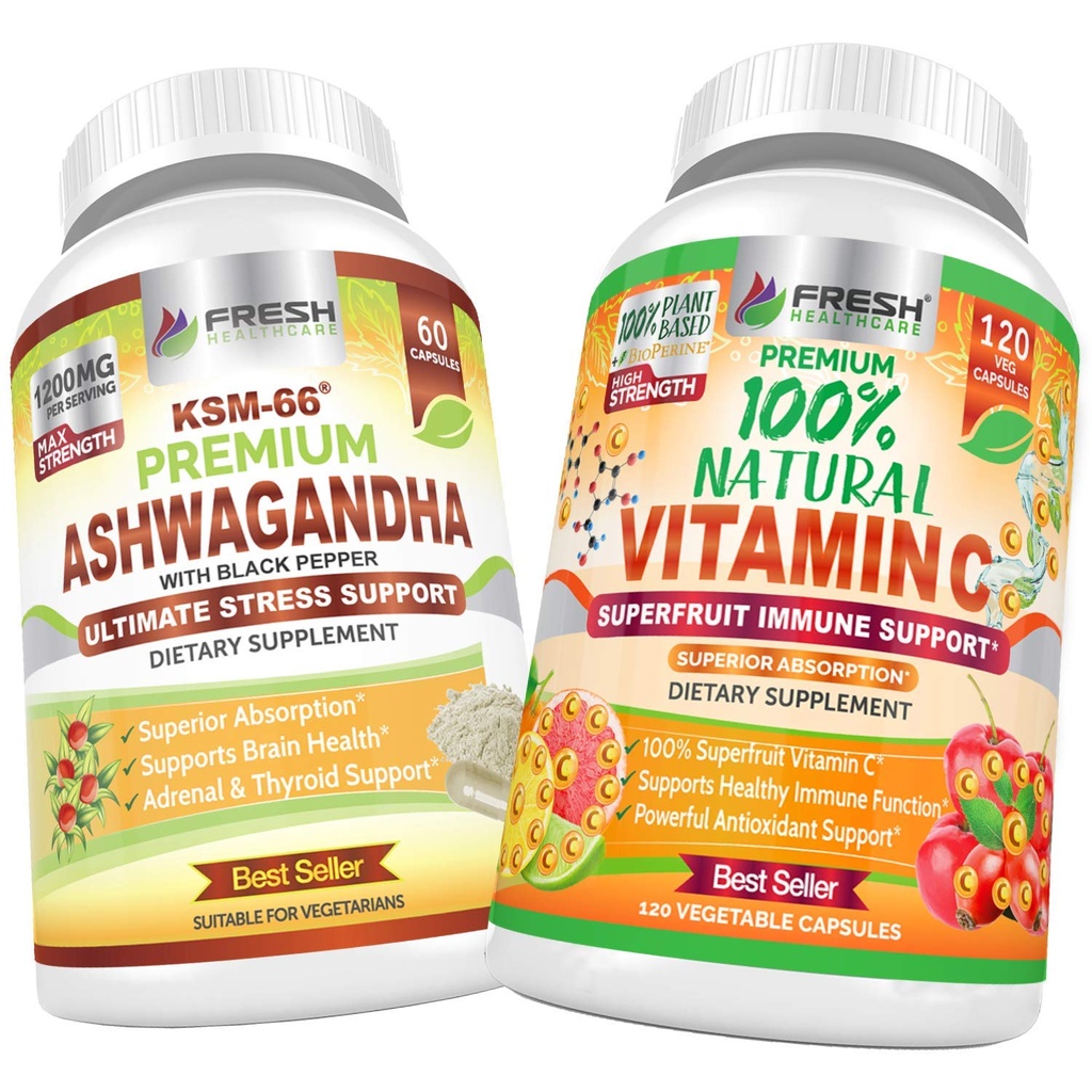 FRESH HEALTHCARE Ashwagandha KSM 66 and 100% Natural Vitamin C - Bundle