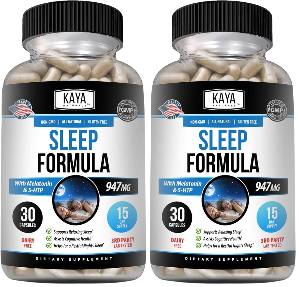 Kaya Naturals - Sleep Support Formula with Melatonin - Aid Support Vitamin Supplement - Sleep Stress and Mood Support - L-Tryptophan, Passion Flower, Ashwagandha and More (30 Count) (Pack of 2)