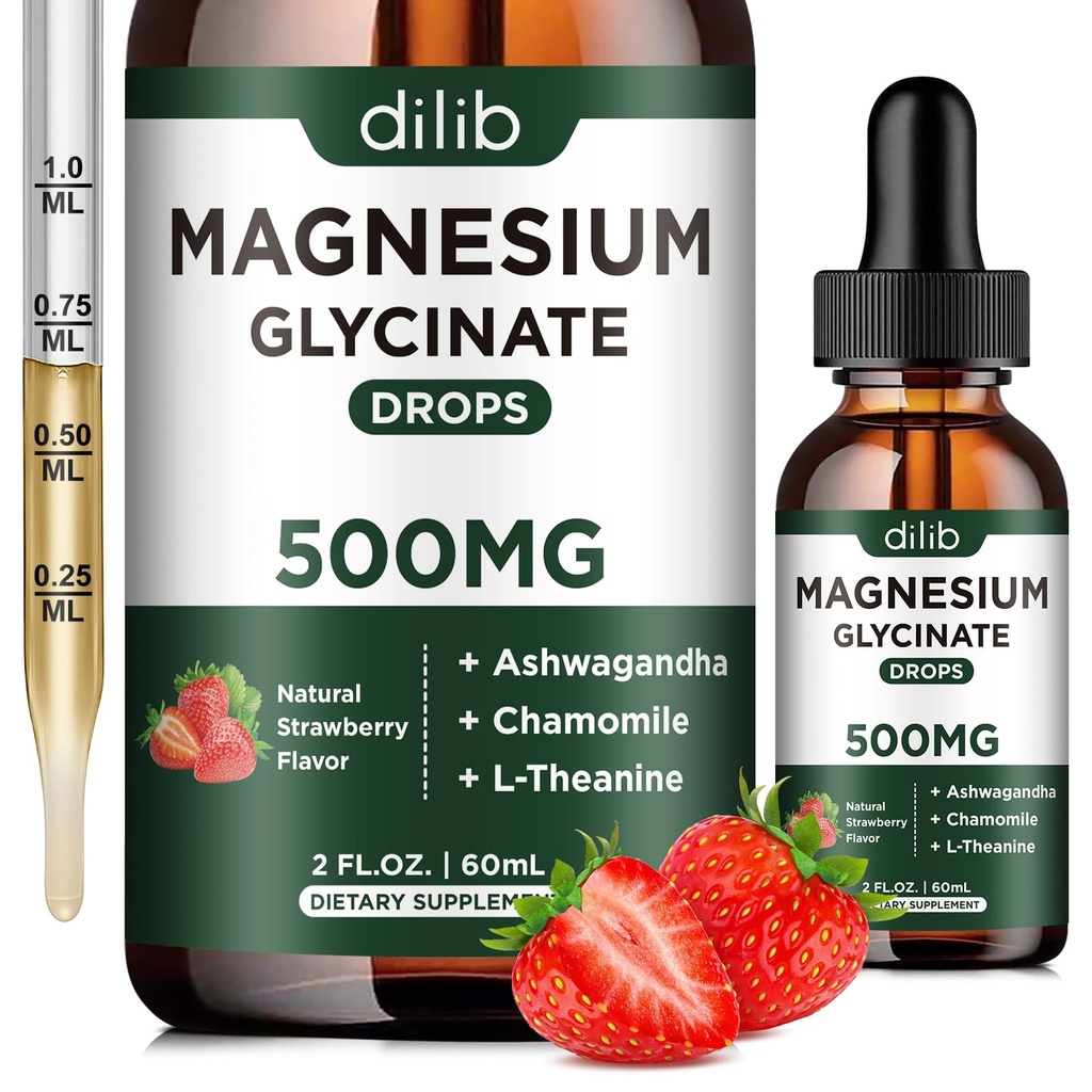 Magnesium Glycinate Supplement, Magnesium Liquid Drops with Magnesium Glycinate 500mg Ashwagandha, L - Theanine, Chamomile -Support Stress Relief, Bone, Muscle, Mood Vegan Natural Strawberry Flavor