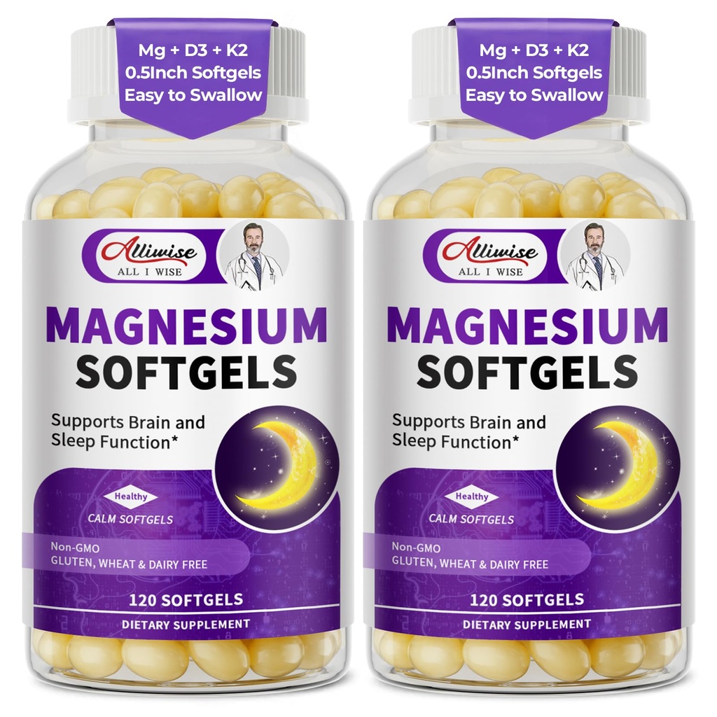 2 Pack High Absorption Magnesium Glycinate 400mg Softgels Supplement, Magnesium with Calcium - Highly Bioavailable - with Vitamin D3 & K2, for Sleep, Mood, Brain Support