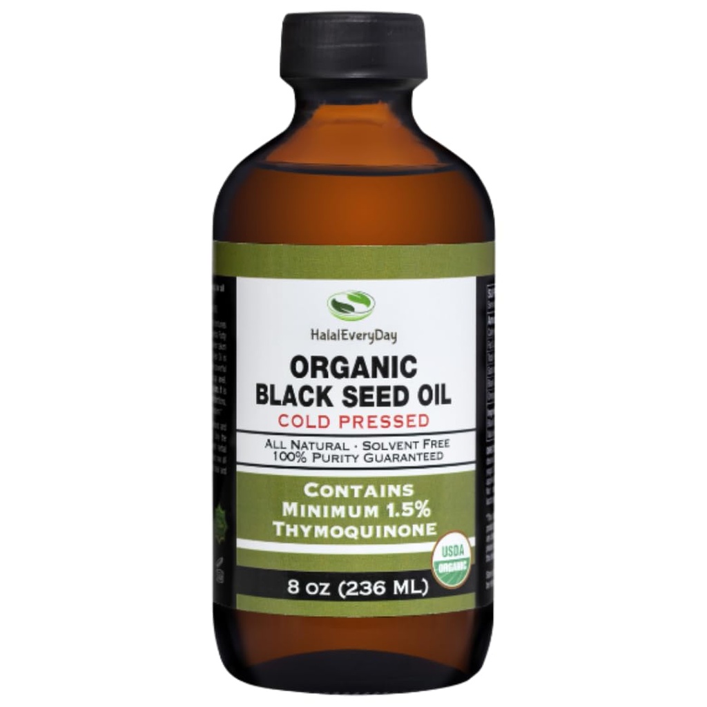 Biologische Zwarte Zaadolie - USDA Certified Cold Pressed Glass Bottle Meer dan 1,5% Thymochinon 3X sterkte Turkse Zwarte Komijn Nigella Sativa non-GMO 100% Pure Blackseed Oil (8oz glazen fles)