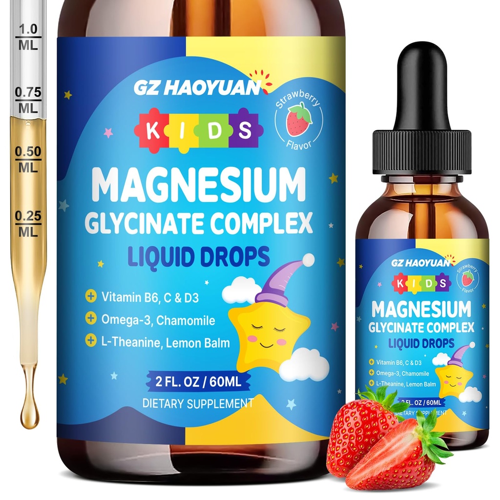 Kids Magnesium Glycinate Liquid Drops‌ – with L-Theanine, Omega-3, Vitamins B6 & D3, Zinc & Calcium – for Sleep Support, Relaxation, Focus & Brain, Bones – Strawberry Flavor, 2 Fl Oz