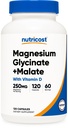 Nutricost Magnesium Glycinate + Malate (250mg) 120 Capsules - High Absorption, with Vitamin D, Vegan, Gluten-Free, GMO-Free, 60 Servings