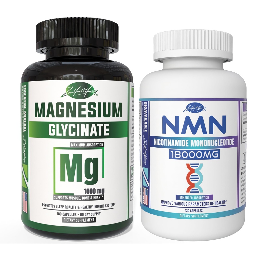 ZYY Magnesium Glycinate 1000mg & NMN 18000mg per Bottle, 300mg per Serving | Chelated & High Absorption Mineral | Real Nicotinamide Mononucleotide, Anti Aging