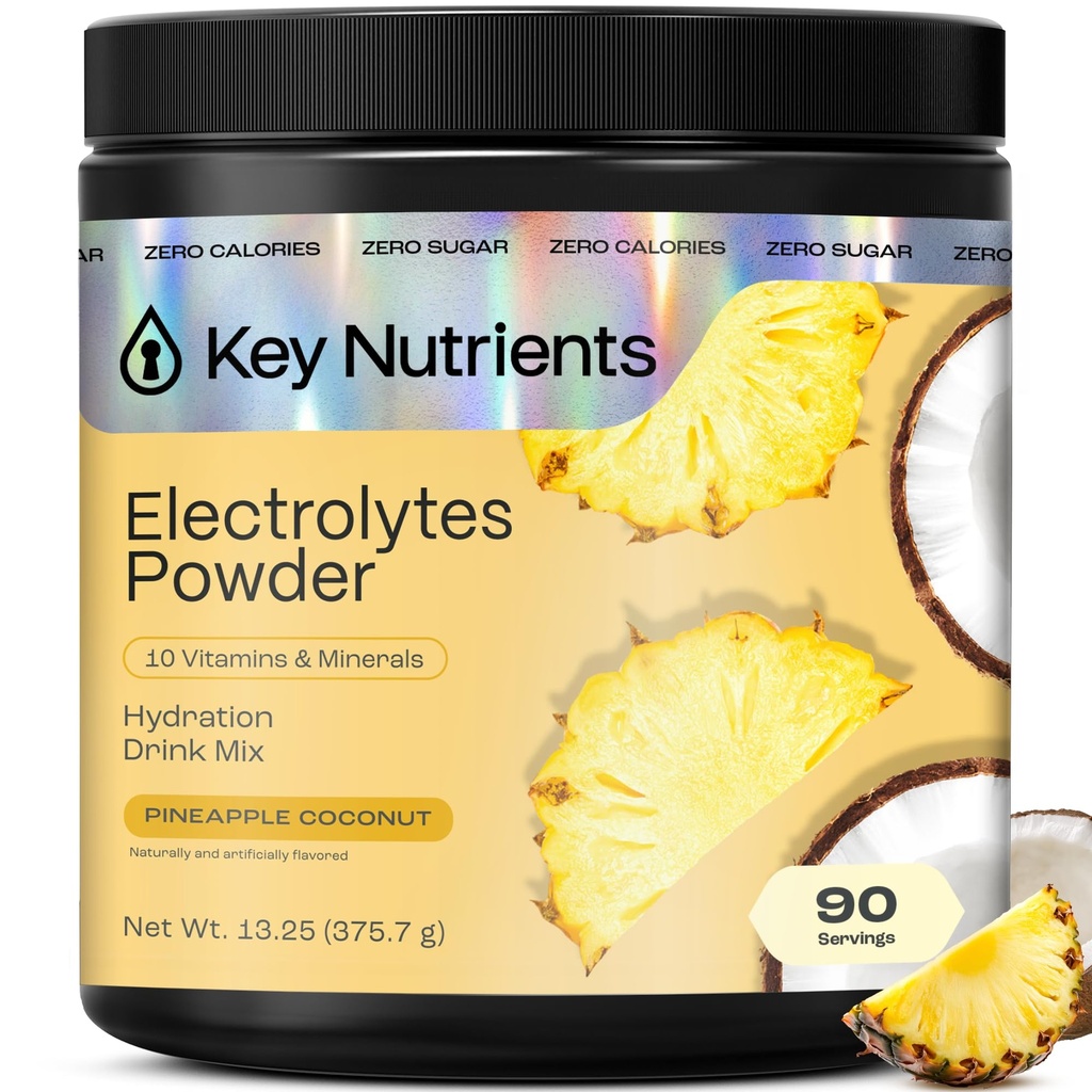 KEY NUTRIENTS Multivitamin Electrolytes Powder No Sugar - Tropical Pineapple Coconut Electrolyte Powder - Endurance & Energy Supplement - Hydration Powder - No Calories - 90 Servings - Made in USA