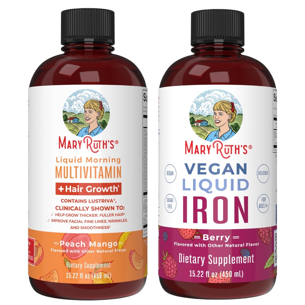 MaryRuth's MaryRuth's Liquid Morning Multivitamin +Hair Growth (Peach Mango, 15.22oz) & Iron Liquid (Berry) | Clean Label Project Verified® | Beauty, Immunity, & Overall Health | Vegan, Non-GMO