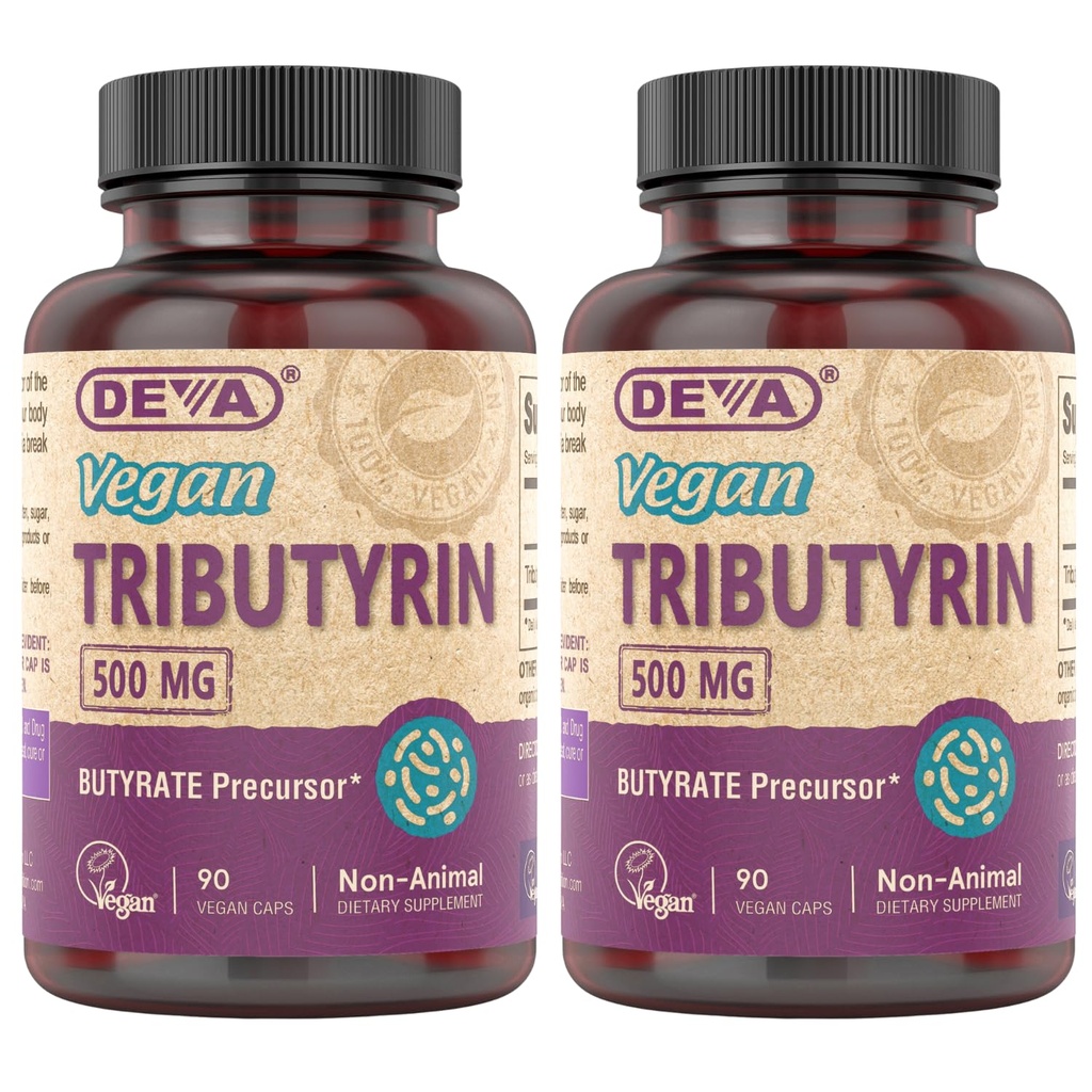 DEVA Vegan Tributyrin Supplement - Butyrate Precursor, Gut Barrier Support, Butyric Acid, 500 MG Vegan Capsules, Leaky Gut Support, Digestie, 90 Tellen (pakket van 2)