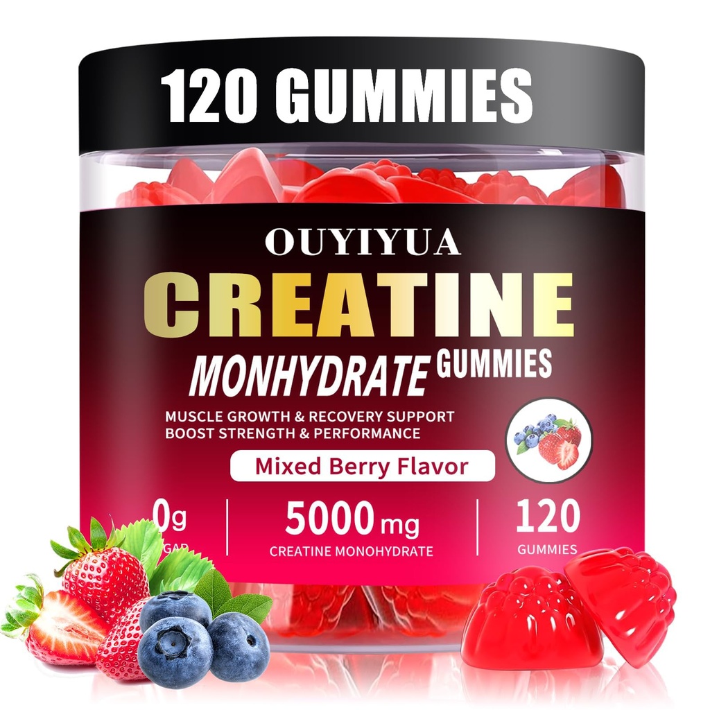 Creatine Monohydraat Gummies 5000mg voor mannen & vrouwen - Suikervrije pre-workout supplement, kauwtabletten voor spierkracht, spier Builder, energie Boost, gemengde Berry smaak, 120 Tel.