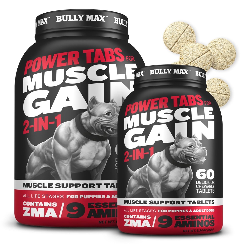 Bully Max 2-in-1 Muscle Builder Kauwtabletten voor Puppies & Adult Dogs - Hondenvitaminen & Supplementen voor Spiergroei & Groei - Canine Puppy Multivitaminen voor alle rassen & leeftijden - 60 Tabs (2 flessen)