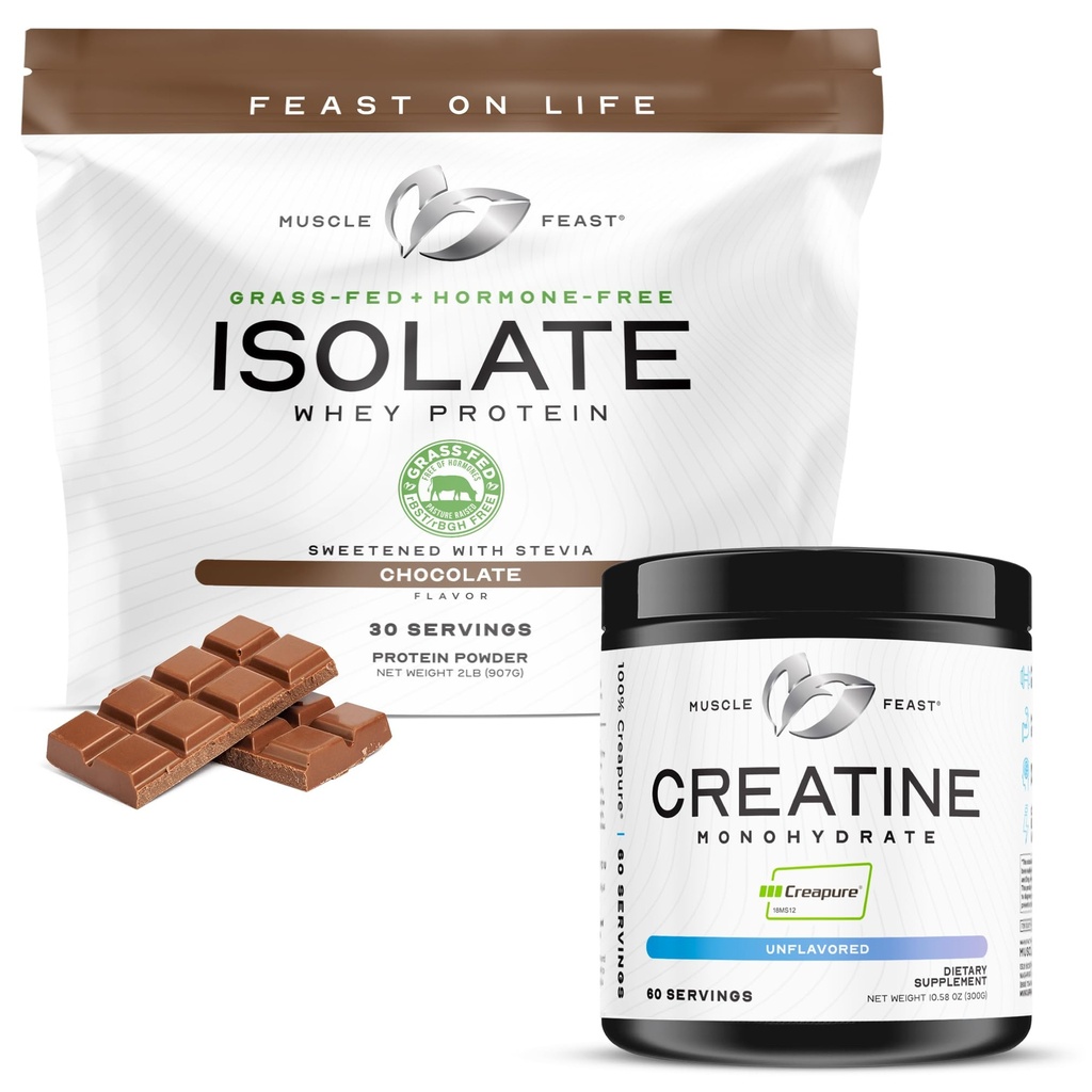Muscle Feast Isolate + Creatine Bundle: 1 Wei Proteïne Isolaat (Chocolaat, 2lb) + 1 Creatine Powder (Unflavored, 300g)