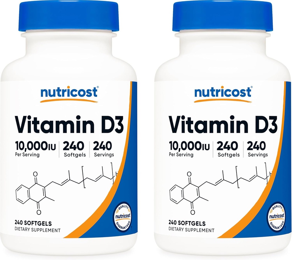 Nutricost Vitamine D3 10.000 IE, 240 Zachte Gel Caps (2 flessen)