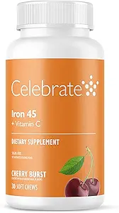 Vier vitamines ijzersupplement met vitamine C - 45 mg ijzer, 60 mg vitamine C, bariatrische vitamines voor WLS-patiënten, verticale sleeve & Gastric Bypass Chirurgie - druiven, 90 kauwtabletten