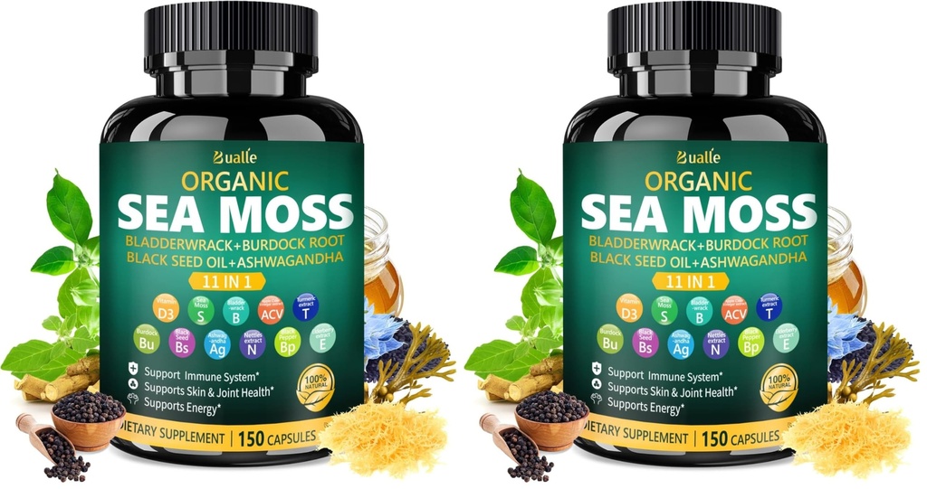 Bualle Irish Sea Moss Capsules – Organic Sea Moss, Black Seed Oil, Ashwagandha Supplements with Bladderwrack, Ginger & Burdock Root – Supports Daily Wellness, Skin & Energy – 150 Capsules,(Pack of 2)