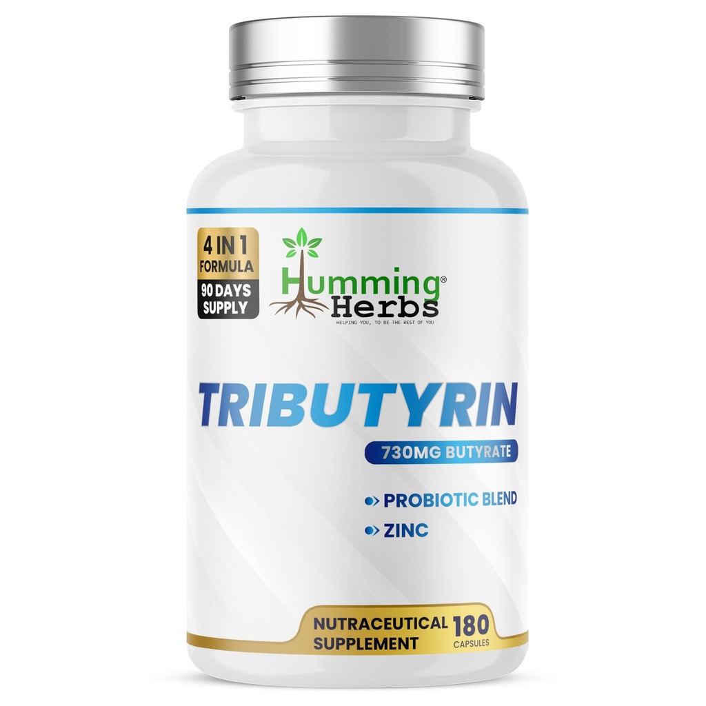 Humming Herbs Tributyrin Complex — 850 mg per Serving (95% Pure, yielding 731 mg Butyrate) with L-Glutamine, Zinc L-Carnosine, FOS & Probiotic Blend (180)