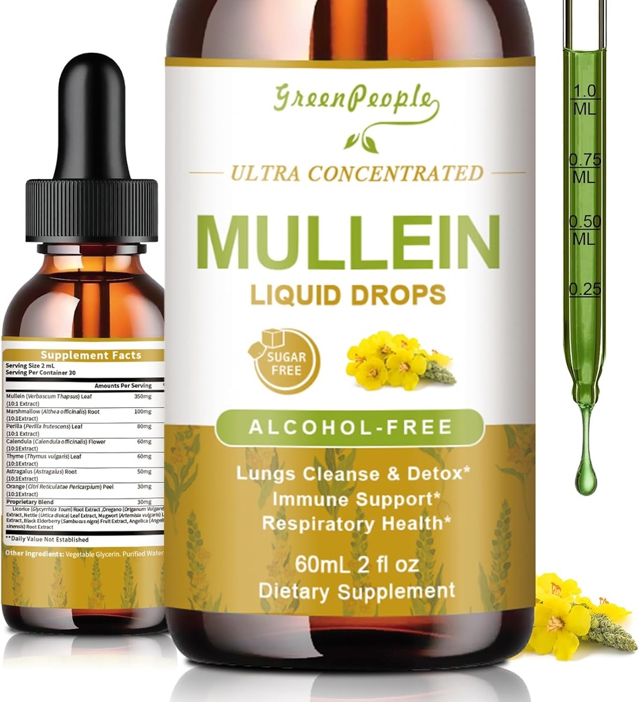 GROENPEOPLE Mullein druppels voor longen en lymfatische afwatering - 13-in-1 Botanische Blend met Marshmallow Root, Vlierbessen, Oregano voor ademhalingsondersteuning - Long Detox voor roken - Alcoholvrije, 2 fl
