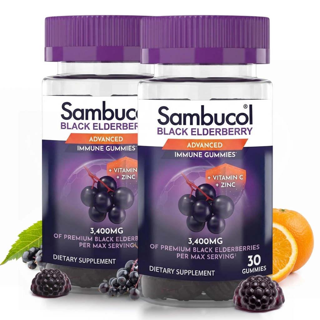 Sambucol Zwarte Vlierbes Gummies met vitamine C & Zink - Sambucus Vlierbes Gummies voor Immune Support, Hoge Antioxidanten, Glutenvrij, Veganistisch, Vlierbes met Zink & Vitamine C - 30 Tellen, 2 Pack