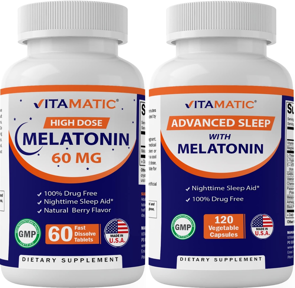 Vitamatic Melatonin 60mg with B6, Magnesium, L-Theanine, L-Tryptophan, 5-HTP, GABA, Valerian, Chamomile, Passion Flower, Ashwagandha & Black Pepper