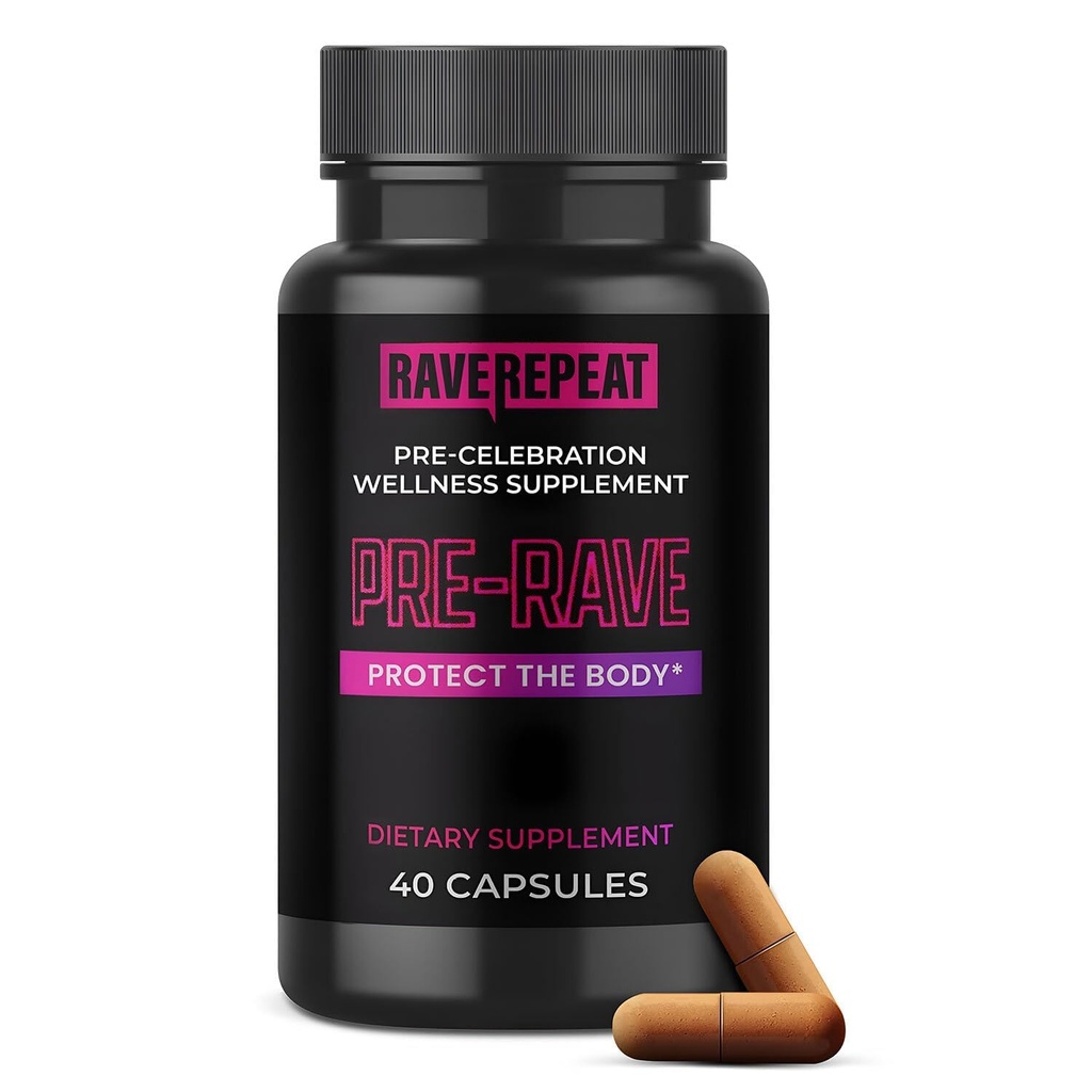 Pre-Rave Supplement - 5-HTP Free Rave Vitamins with CoQ10, Magnesium, Green Tea - Festival Essentials for Energy, Wellness & Jaw Support - EDM Party Gear for Men & Women - 40 Capsules
