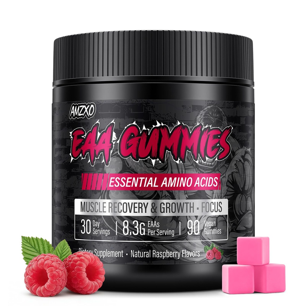 EAA Gummies - 2:1:1 BCAA Formule (8300mg) - Essentiële Aminozuren voor spierherstel & endurance - Non-GMO, Glutenvrij, Suikervrij, Vegetarisch, Raspberry Flavor - 90 Tel.