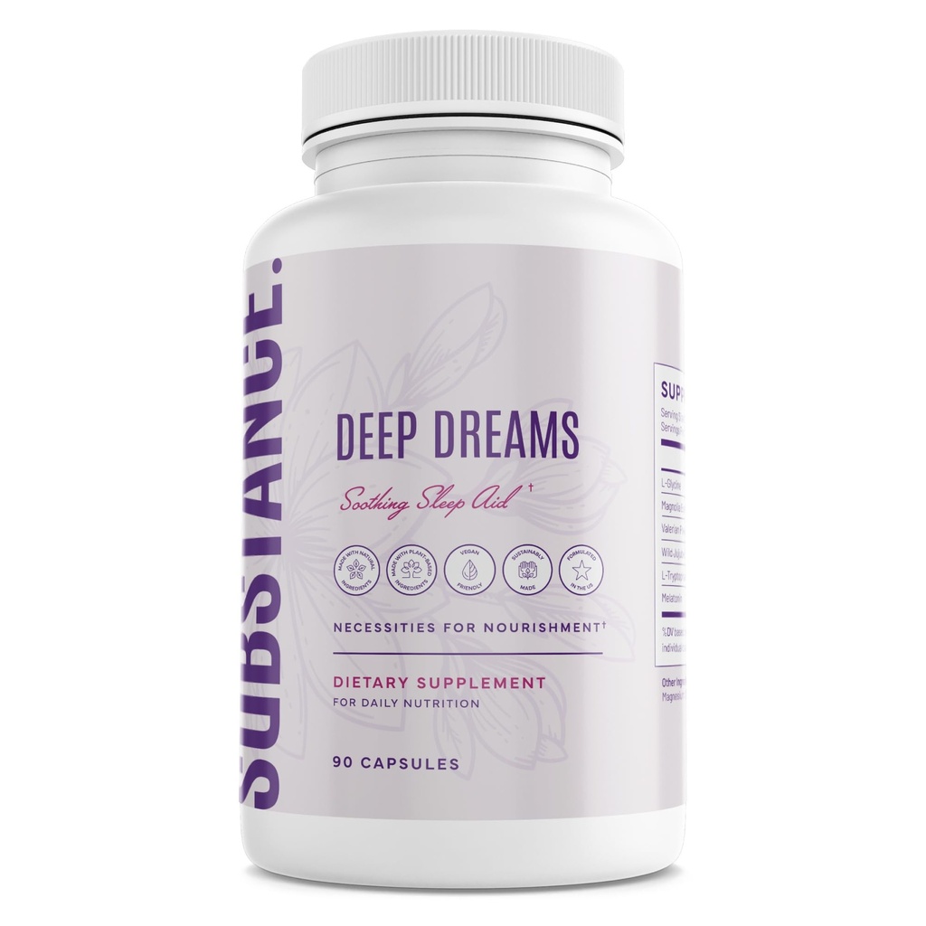 SUBSTANCE. Nature’s Deep Dreams Soothing Sleep Aid – Melatonin, L-Glycine, L-Tryptophan, Valerian Root & Jujube Extract – Natural Sleep Support Supplement for Restful Sleep – 90 Capsules