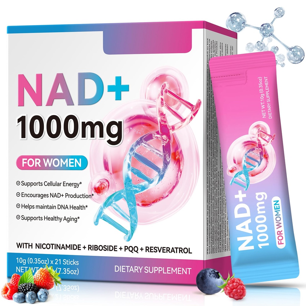 NAD+ Supplement 1,000mg Liquid, Liquid Supplement for Women with Nicotinamide, Riboside, PQQ & Resveratrol- Berry Flavor for Anti-Aging, Energy, Focus - 21 Pack