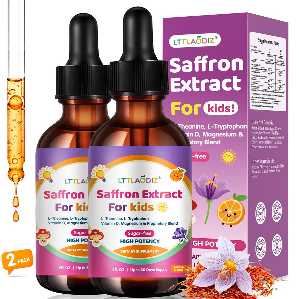 Organic Kids Saffron Drops – Organic Saffron Extract Liquid with Holy Basil, Passion, L-Theanine for Energy Support, Well-Being, Easy to Take Saffron Supplements, Vegan, 4 FL OZ