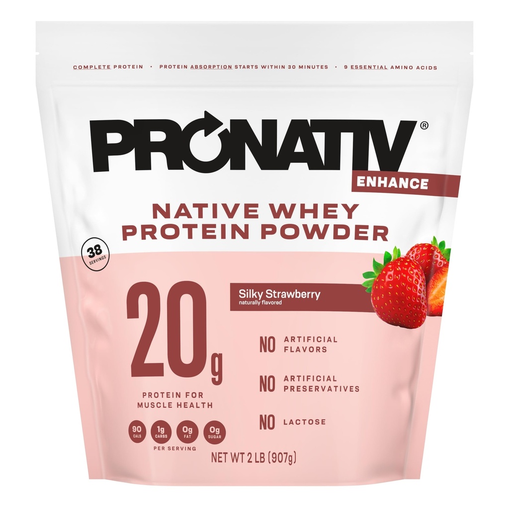 100% Whey Native Protein Powder, Silky Strawberry, 2 lb, Made from Farm Fresh Milk, No Artificial Flavors or Preservatives, for Muscle Health and Recovery, Lactose Free